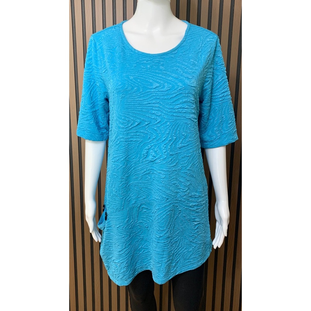 Ali Miles Women's Turquoise Textured Swirl Tunic Short Sleeve Top M Lagenlook